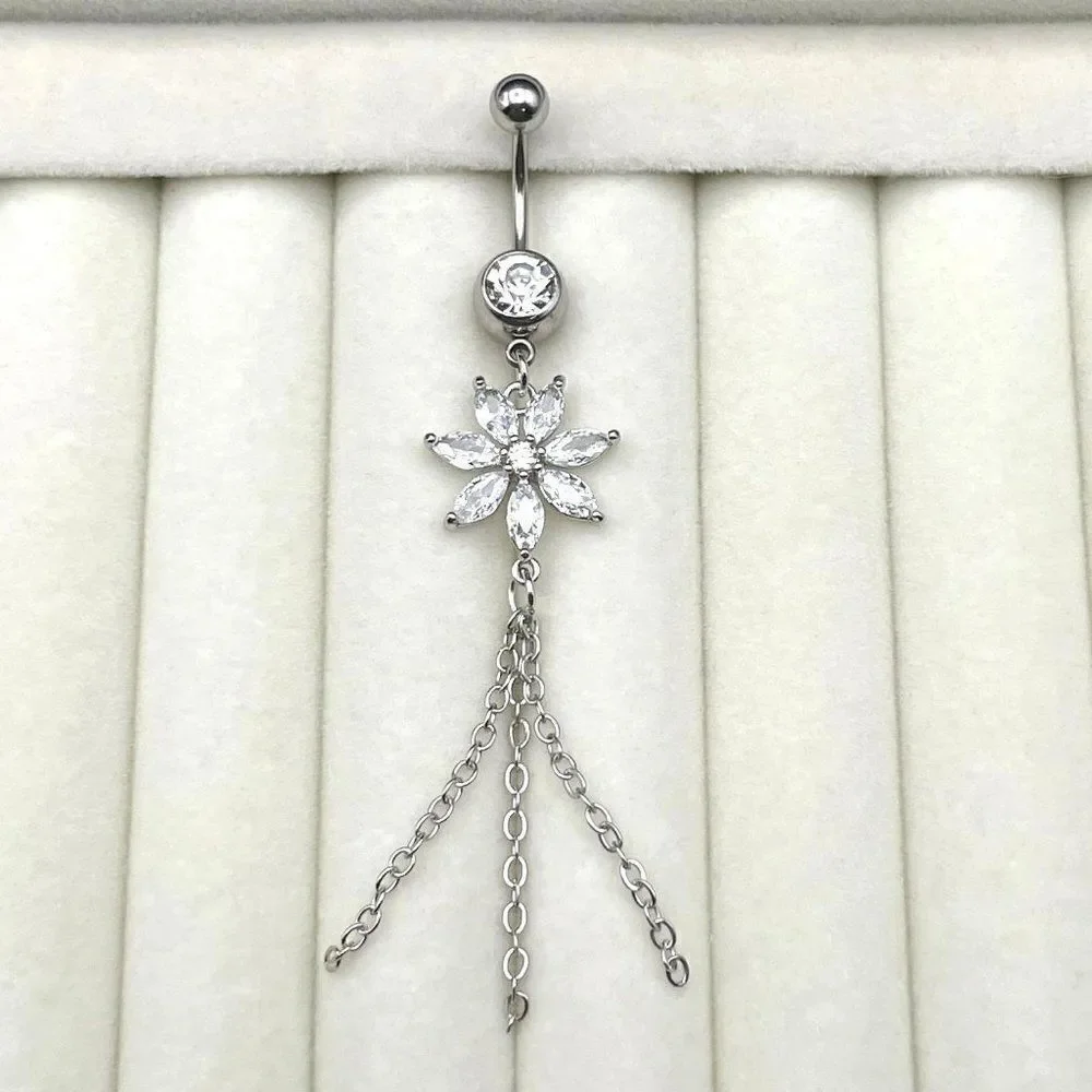 316L Stainless Steel with White Diamond Cubic Zirconia Flower 14G Belly Ring